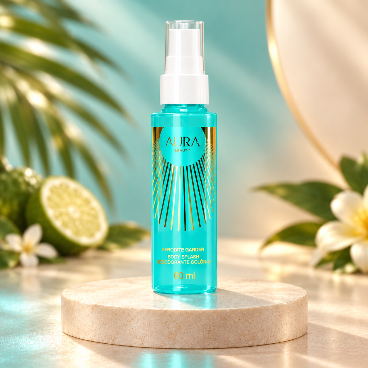 Body splash Afrodite Garden de 60 mL em frasco turquesa