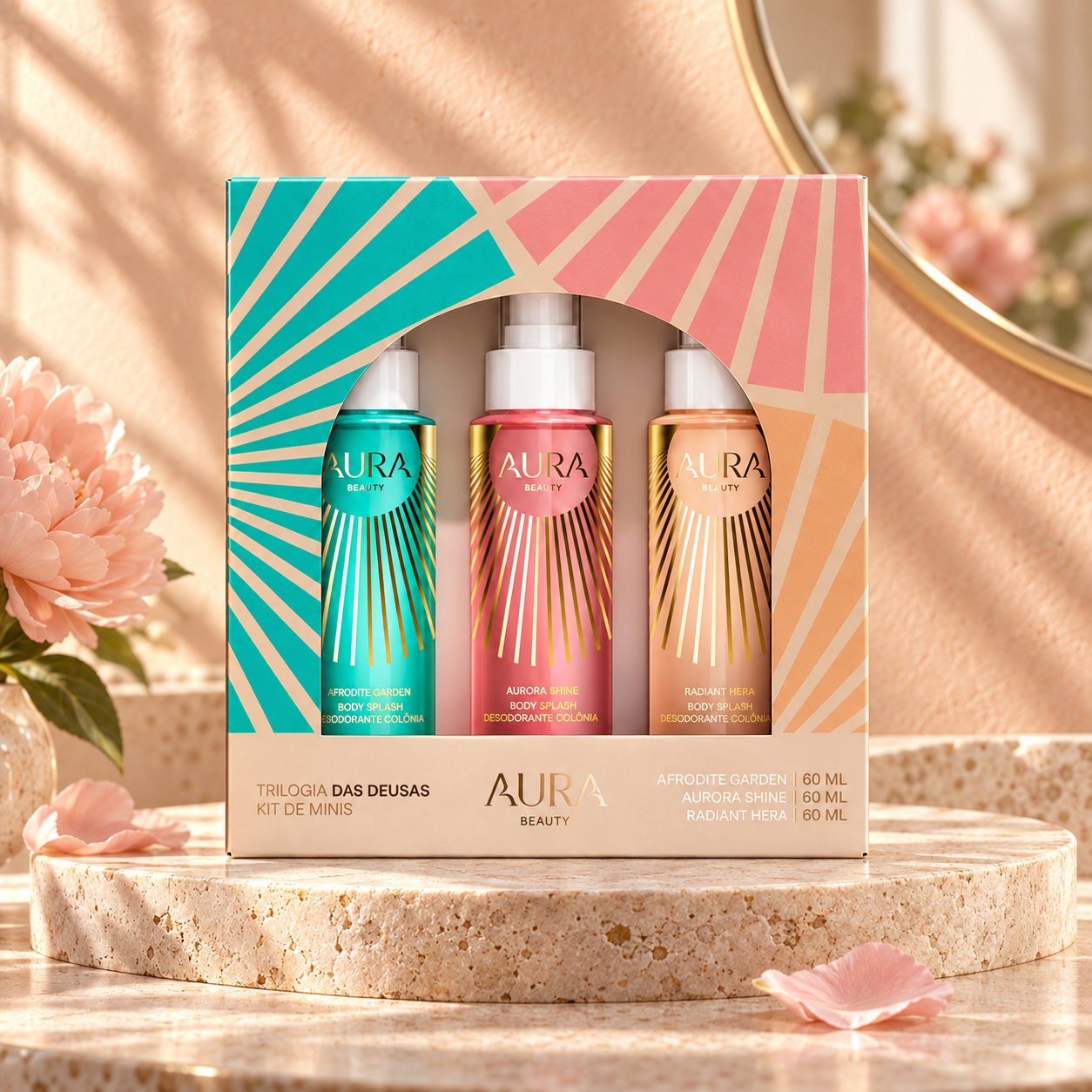 Kit Trilogia das Deusas com três mini body splashes de 60 ml na embalagem