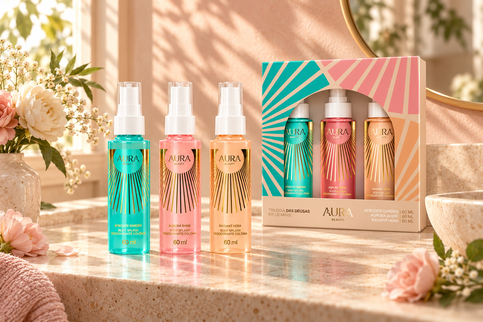 Três mini body splashes Aura Beauty e o kit Trilogia das Deusas sobre bancada clara com flores